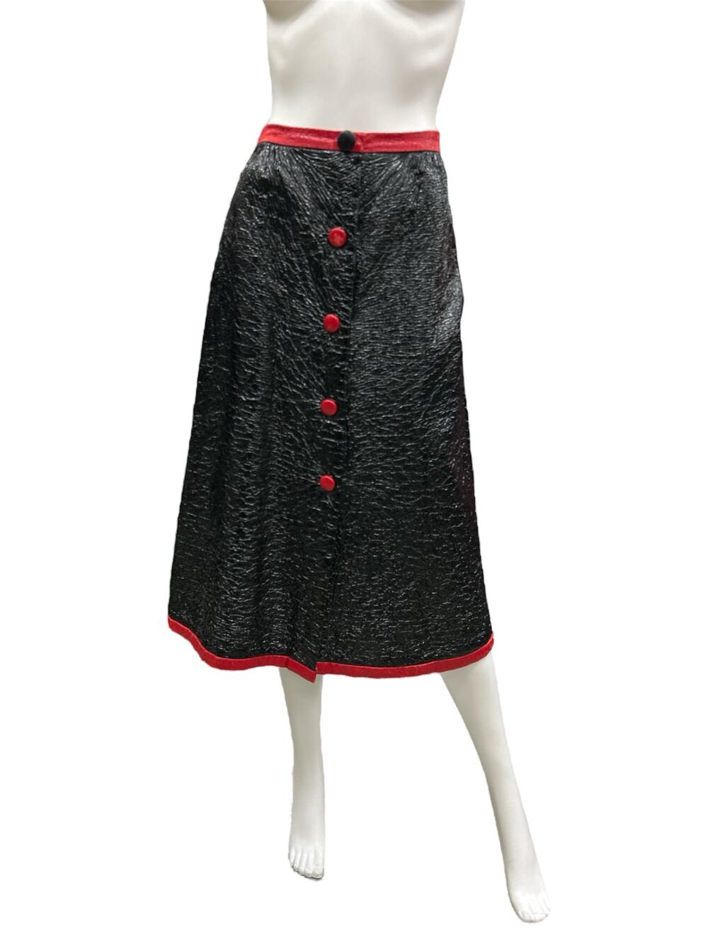 VTG Skirt Women’s Size S Midi Structured Fabric Black With Red Buttons And Trim